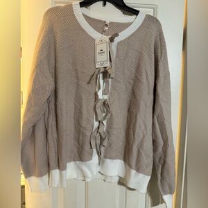 NEW- Beige and White Sweater with Bow Accents